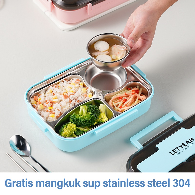 Letyeah &amp; Kaizenliving lunch box stainless steel / kotak makan stainless 4 sekat + tempat sup / tempat makan anti tumpah