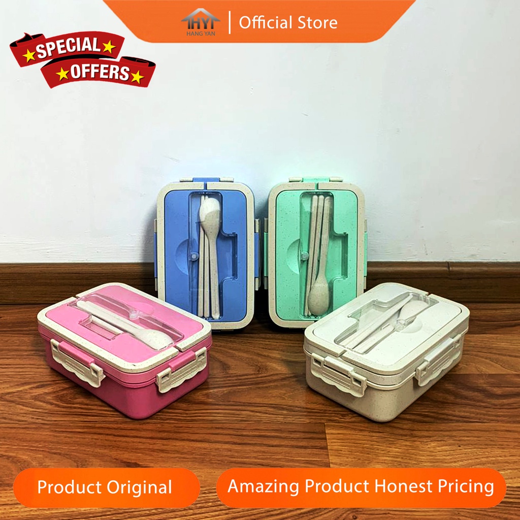 Kotak makan Set Lunch Box Kotak Bekal Tempat Makan Jerami ​1000ML 4 IN 1 Free Sendok Sumpit