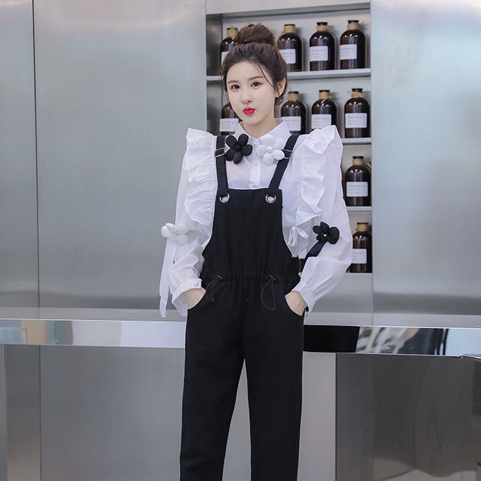 Suhao one-piece suit wanita setelan overall denim kecil + kemeja lengan panjang gaya asing busana dua potong yang mengurangi usia trendi