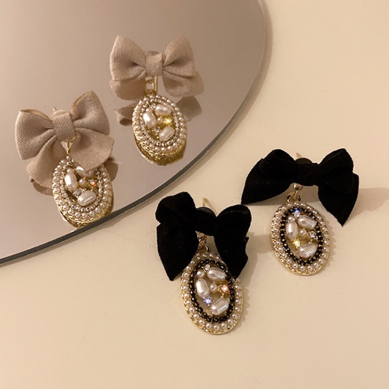 Musim Gugur Retro Temperamen Anting925 Perak Jarum Berlian Mutiara Busur Anting Earrings Earrings