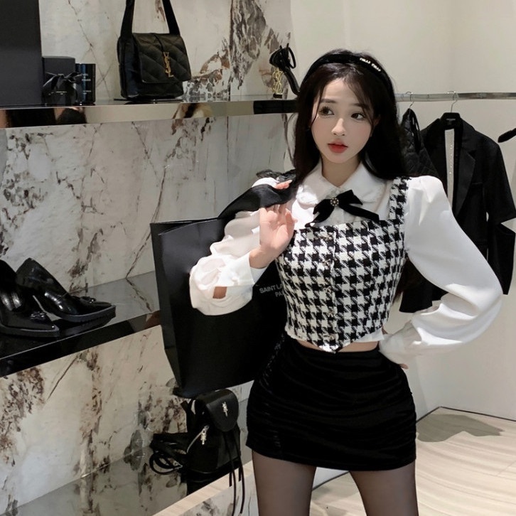 Suhao One-Piece Suit Wanita Fashion Slim Pakaian Luar Houndstooth Top Awal Musim Gugur Gaya Selebriti Pendek Slim Bawah Kemeja