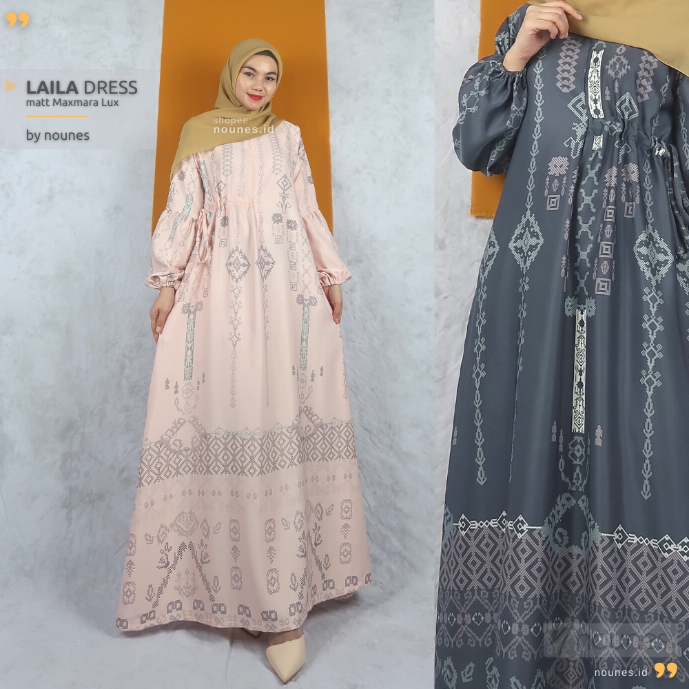 Nounes Laila Dress Gamis Pesta Raya Syari wanita Muslim Casual Lebaran Maxmara Lux Busui Friendly Ta