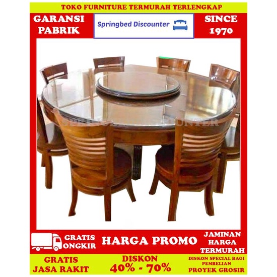 Meja Makan Kayu Jati One Heart Premium Bulat 8K Tbl Kaca 8mm Minimalis