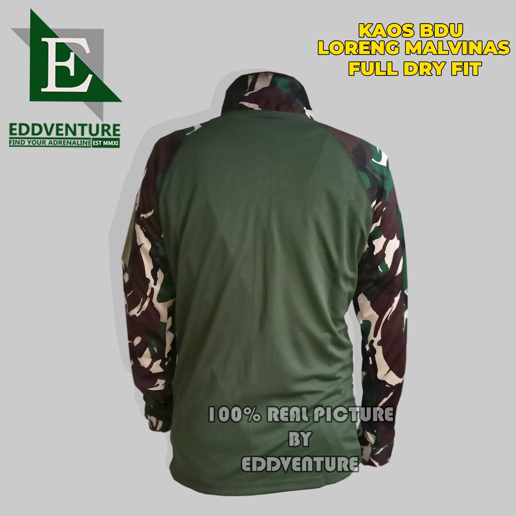 Baju Kaos Lengan Panjang BDU Loreng Malvinas TNI Bahan Full Dry Fit Crew Neck Dri Fit Turtle Neck Dryfit Kerah Tinggi TAD Kasal Kasau Kasad Resleting Waterproof Pria Wanita