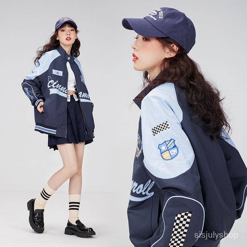 【Ready 】[✅BISA COD] #Sisjuly# Setelan bisbol Amerika biker meninju jaket wanita 2022 musim gugur desain asli baru seratus dengan l