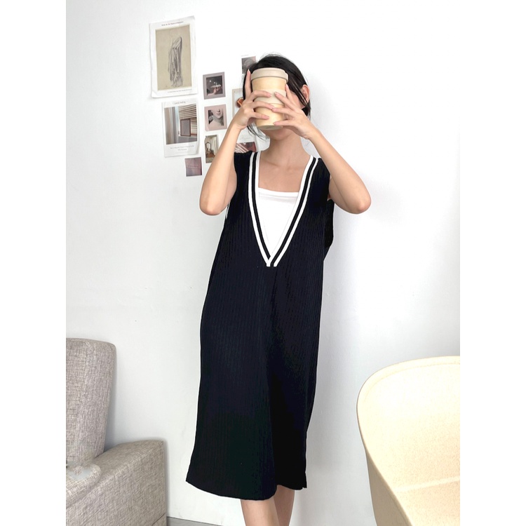 Kadaka D-0198 Dress Wanita Dropneedle Knit Detail List VNeck Free Kemben