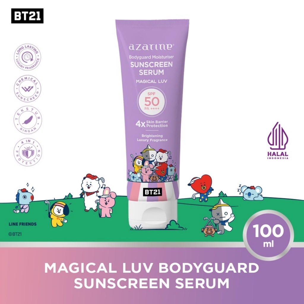 AZARINE x BT21 Bodyguard Moisturiser Sunscreen Serum MAGICAL LUV SPF 50 PA++ 100ml - Apple_Kosmetik