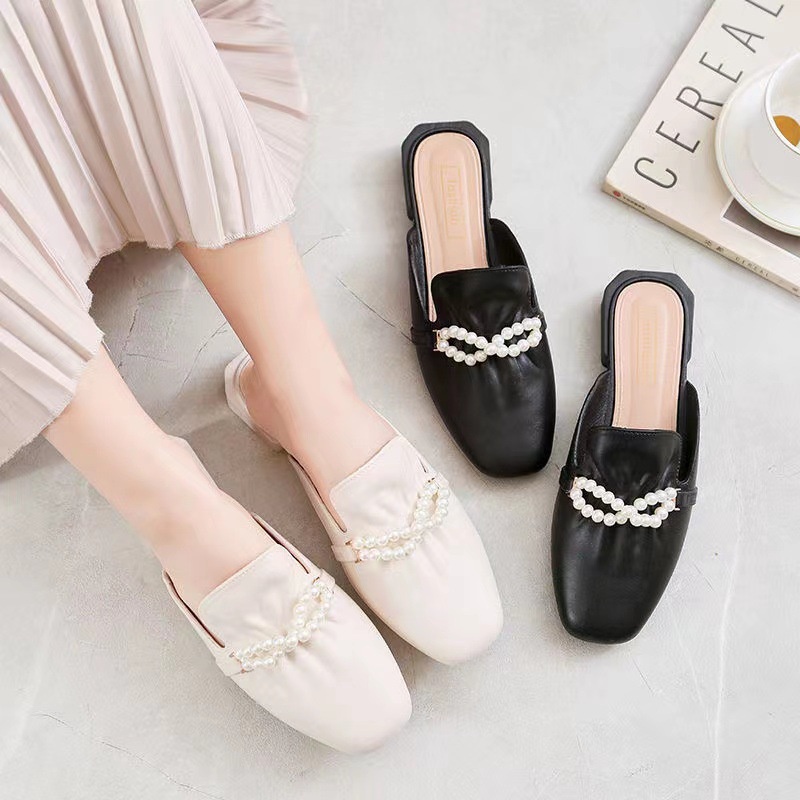 Sepatu Sandal Slop Flat Wanita Model Slip On Motif Mutiara Fashion Style Kasual Nyaman PVC Satu7an SPT-41