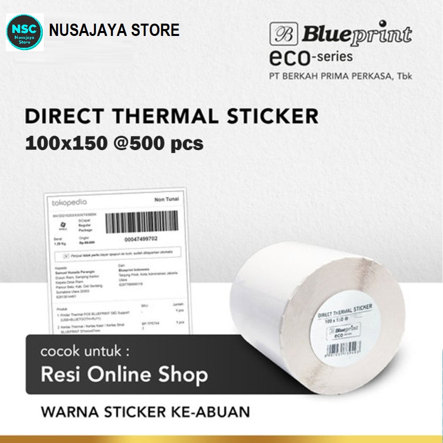 

KERTAS THERMAL STIKER LABEL RESI 100x150 BLUEPRINT ECO @500 Pcs