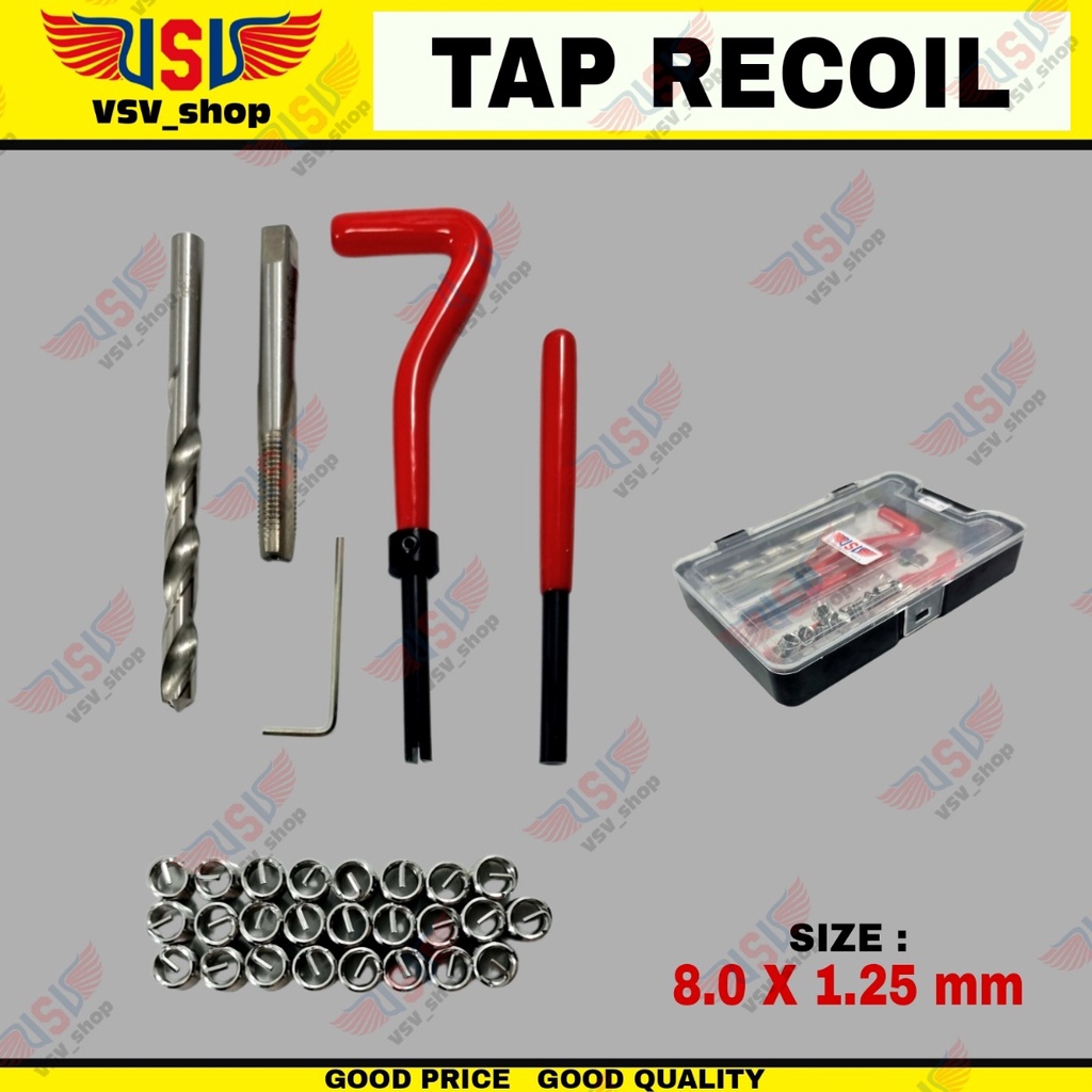 Thread Repair Kit Set M8x1.25 Tap recoil Helicoil Hand Tap Alat Memperbaiki Drat Rusak