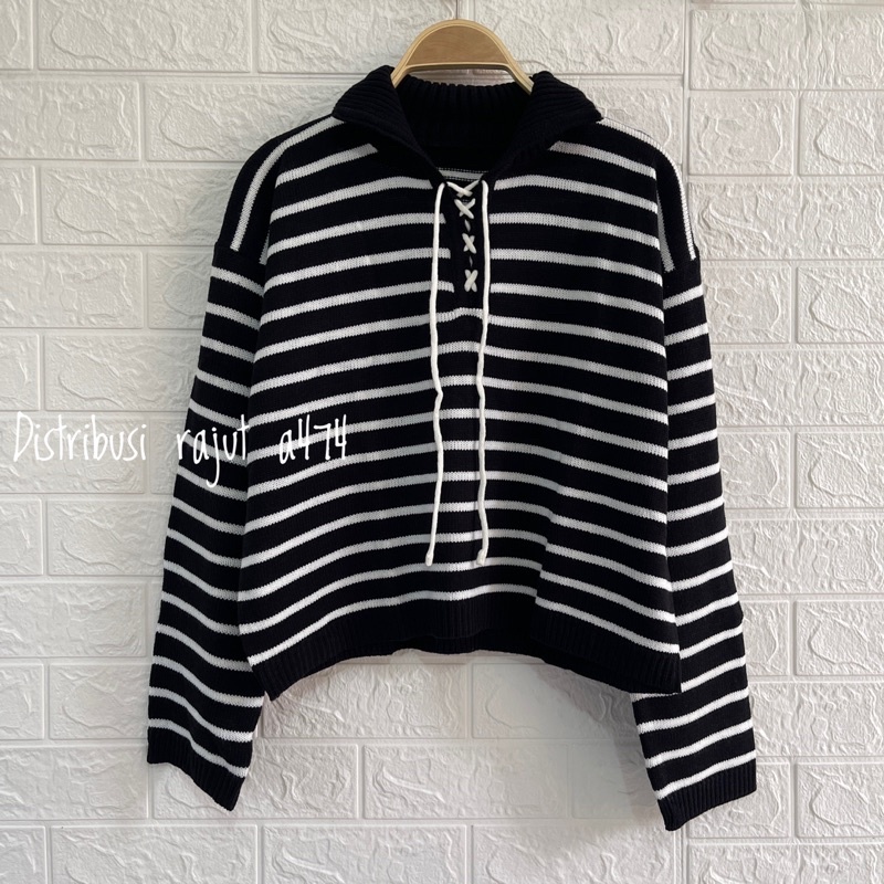 CINDY ATASAN RAJUT STRIPE MOTIF TALI LENGAN PANJANG WANITA