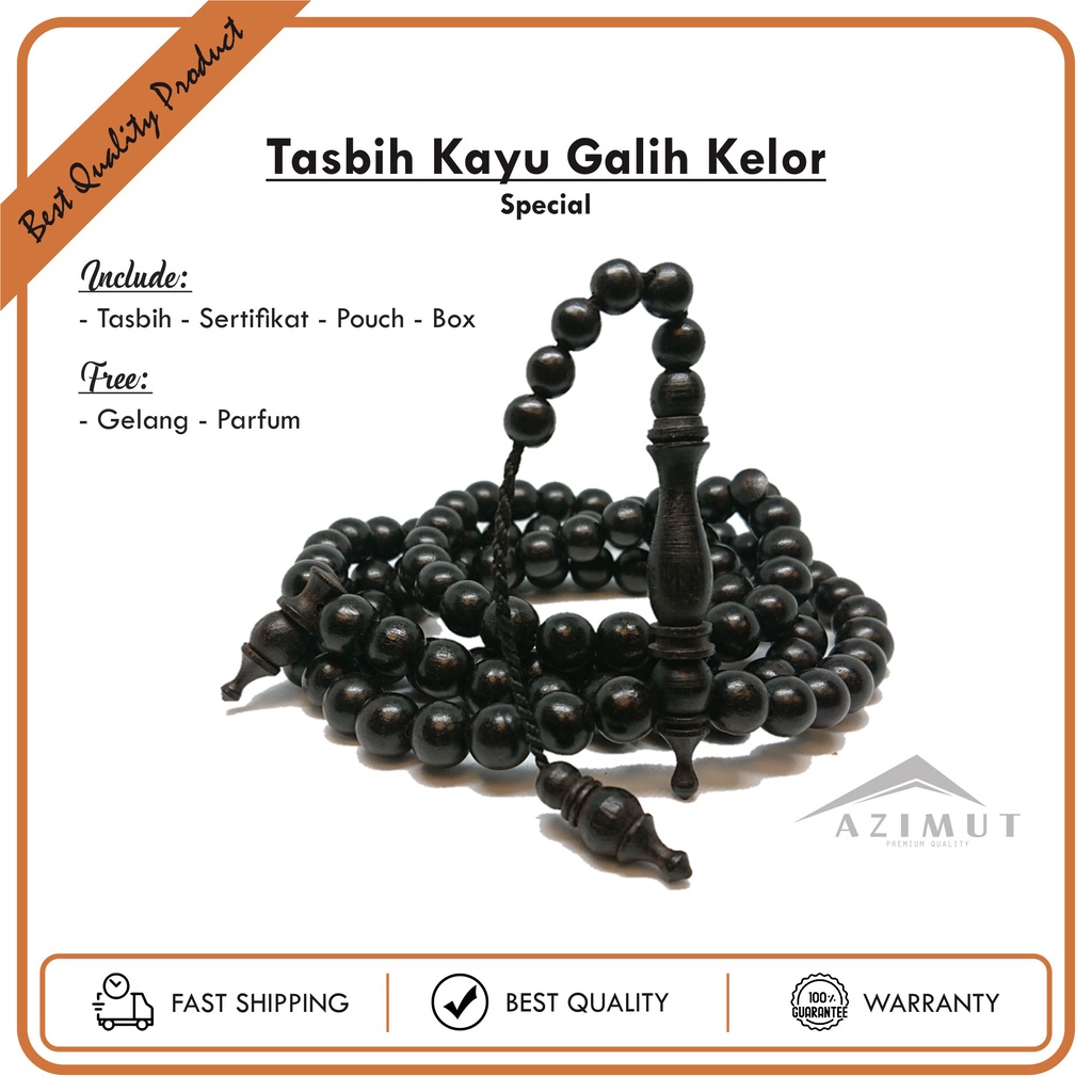 TASBIH GALIH KELOR Hitam Bersertifikat asli | Tasbih Azimut premium kayu bertuah (Bonus Gelang n Par