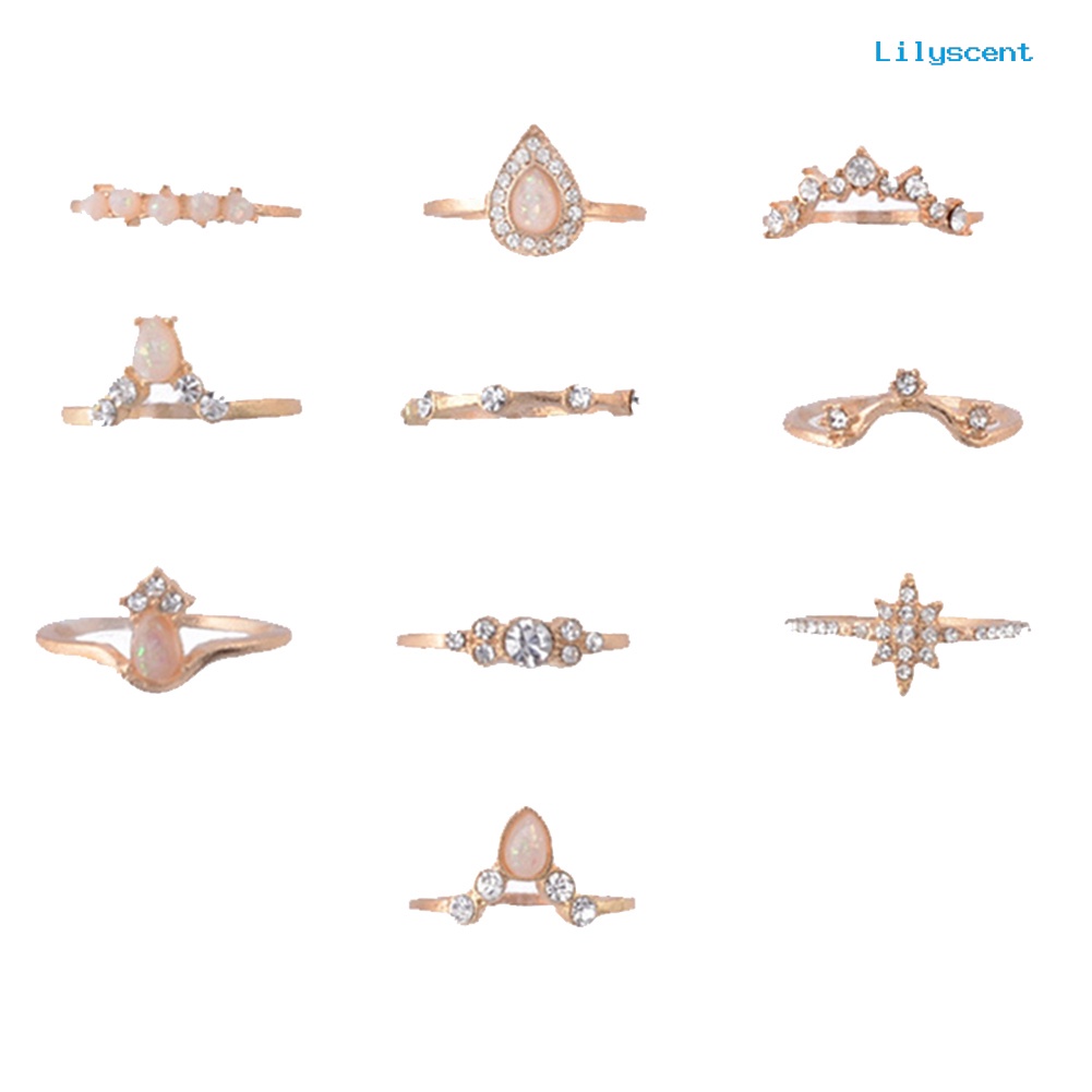 [LS] 10pcs/set Lady Water Drop Bintang Mahkota Opal Imitasi Susun Knuckle Midi Finger Ring