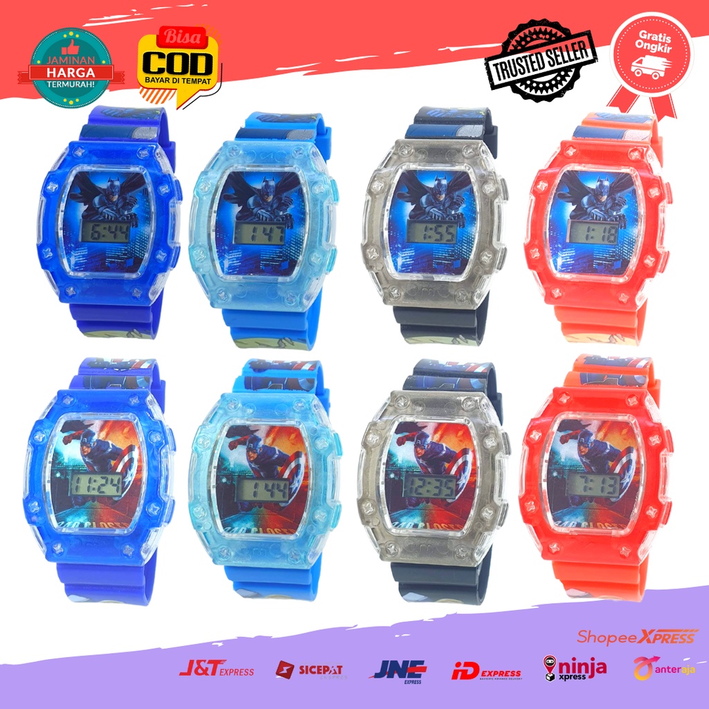 [COD] Jam Tangan Anak Karakter Batman Captain Amerika Avangers Cowok Laki Laki Melodi Musik Strap Rubber Transparant Segi