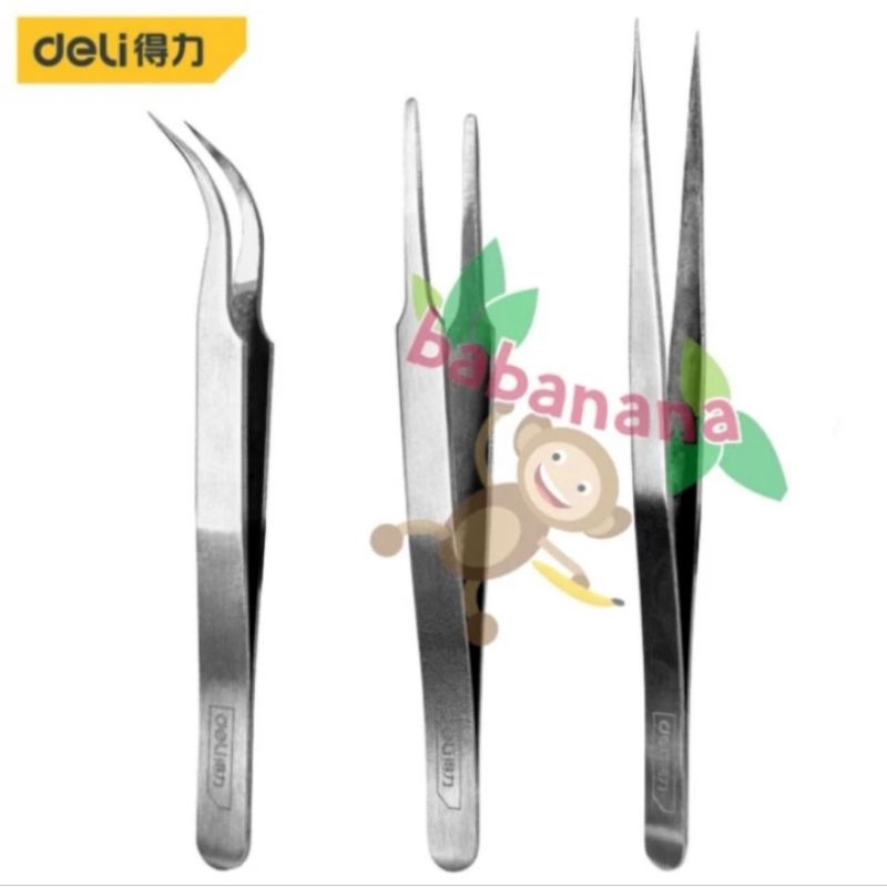 Deli DL396003 silver tweezer set pinset isi 3 stainless steel pencapit