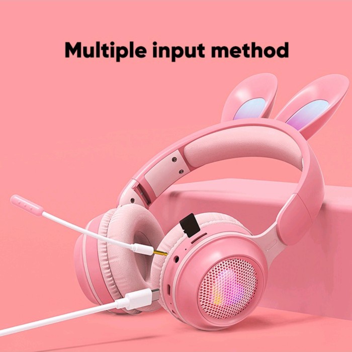 Hef Headset Anak Telinga Kelinci Mic Headphone Bluethoot Pink Bukan Kucing