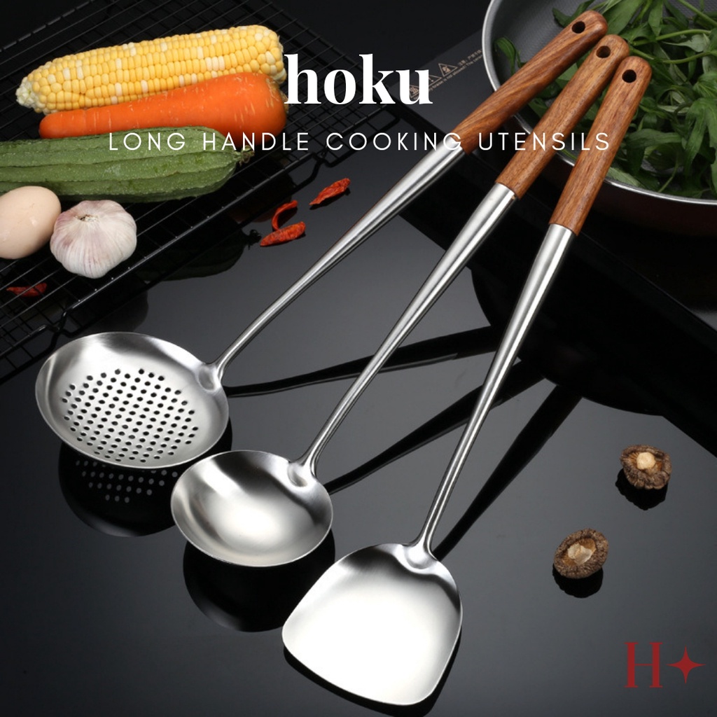 H✦ Hoku Alat Masak Stainless Steel Gagang Panjang Kayu Panjang 44cm Sutil Sodet Centong Skimmer Kuat Tebal Tahan Lama Anti Karat Anti Panas