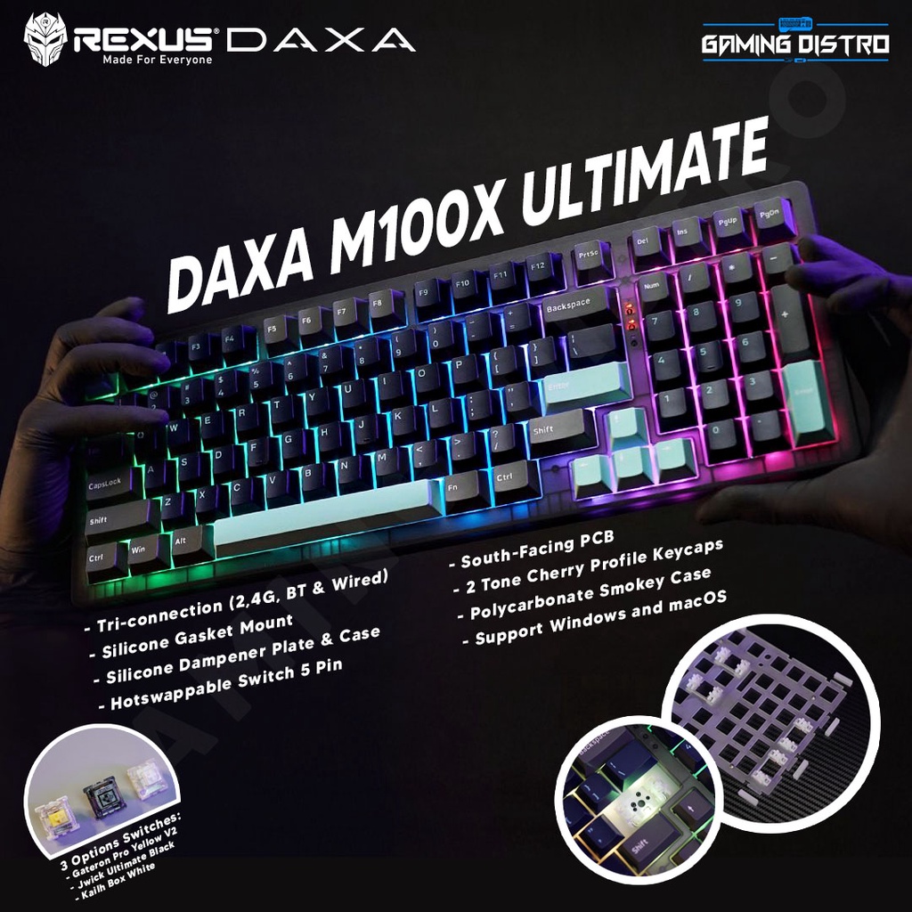 Keyboard Gaming Rexus Daxa M100X Ultimate | Wireless Gasket Mount South Facing PCB Transparant Case