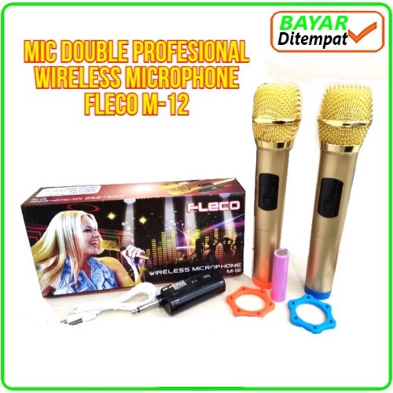 Fleco M12 Microphone wireless Karaoke Super Bass Mic double Profesional Microphone Tanpa Kabel Isi Dua