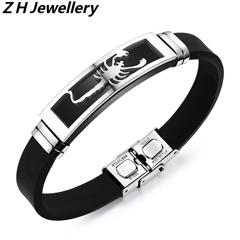 [Z H Perhiasan] Hip Hop Rock Retro Pria Fashion Stainless Steel Kulit Silikon Scorpion Gelang Pesta Perhiasan Aksesoris