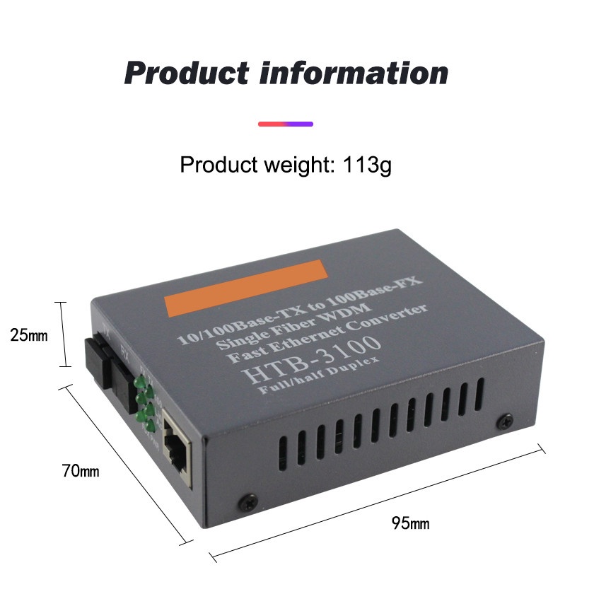 【With adapter】1 Pair HTB-3100AB Optical Fiber Media Converter Fiber Transceiver Single Fiber Converter SC 10/100M Singlemode