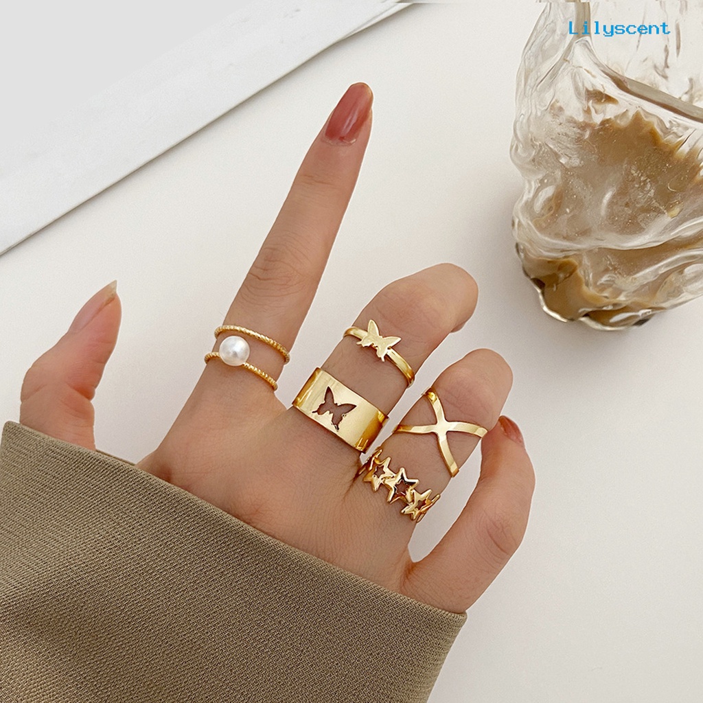 [LS]5Pcs Cincin Jari Melubangi Bintang Kupu-Kupu Perhiasan Vintage Stackable Rings Untuk Pakaian Sehari-Hari