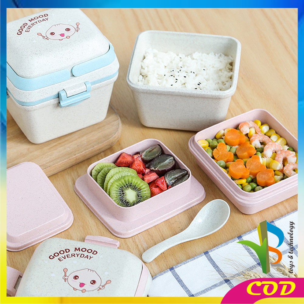 RB-C692 Lunch Box Set Kotak Makan Anti Tumpah Free Sendok Bahan PP Jerami Gandum / Tempat Bekal Bento Set Microwavable Good Mood Everyday Portable BPA FREE