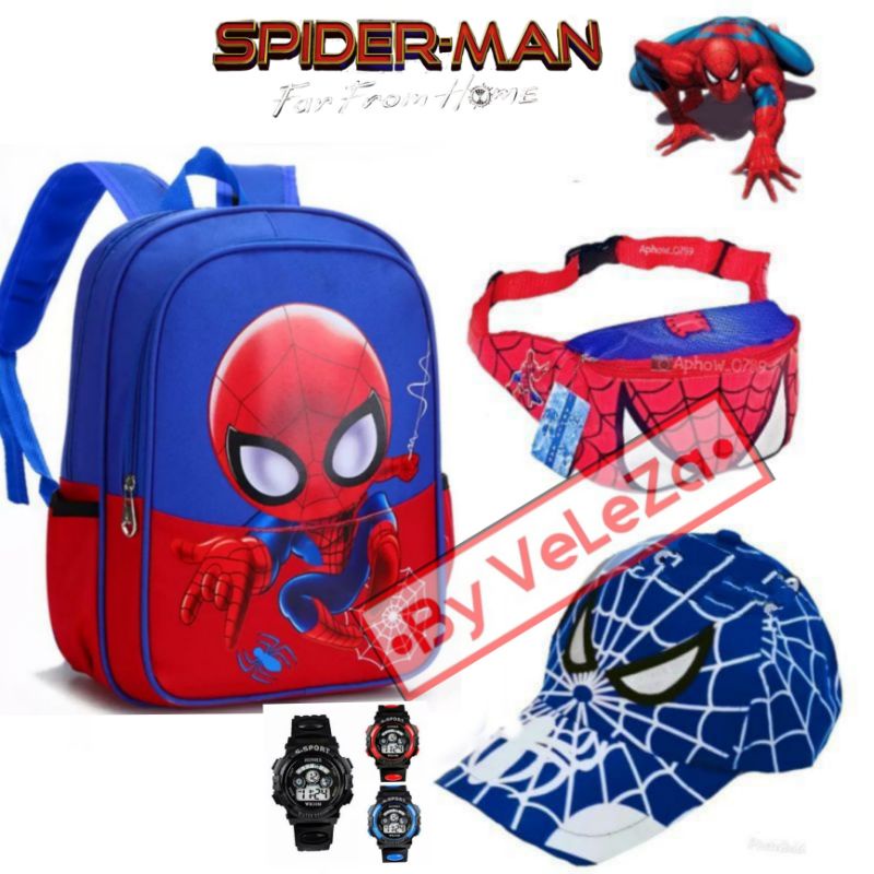 Tas ransel anak canvas karakter Spiderman gratis waistbag topi jam tangan - tas anak