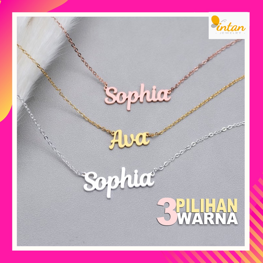Kalung Nama 3 Tiga Warna Silver Gold Rosegold Titanium Anti Karat Lapis Emas 24k Asli Ukir Huruf Ini
