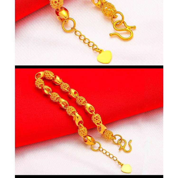 Goldkingdom Perhiasan Fashion Emas Asli Kadar 375 Bangkok Aksesoris Ready Stock Berlapis Emas Wanita Berlubang-out Manik-Manik Untuk Perdamaian Gelang