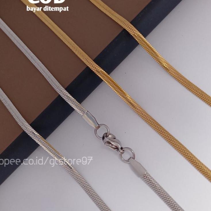 Good Quality Kalung Titanium Pria Wanita Cowok Cewek Pipih Gold Emas Silver Perak Anti Karat Kalong 