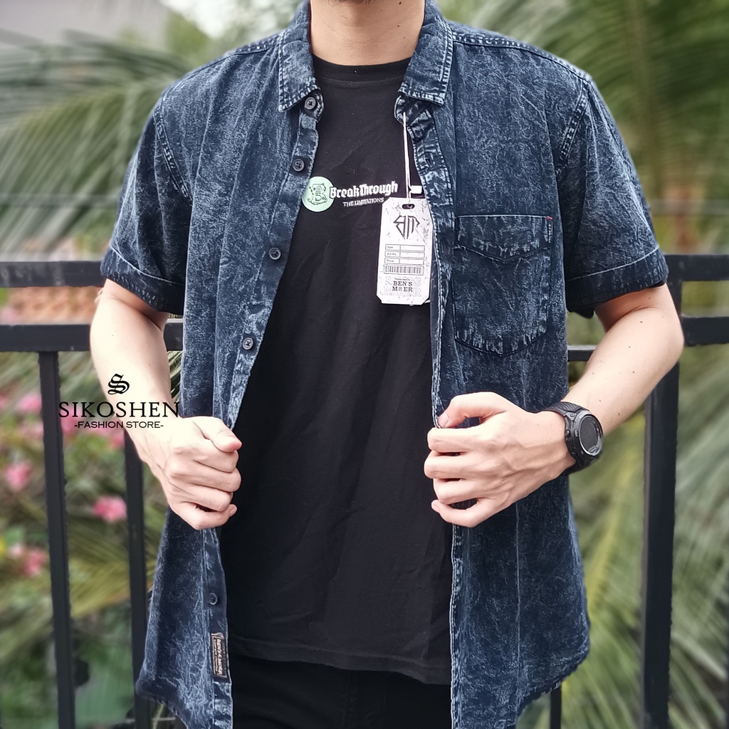 Kemeja Denim Jeans Lengan Pendek Kemeja Pendek Jumbo Big Size Denim Washing Pria