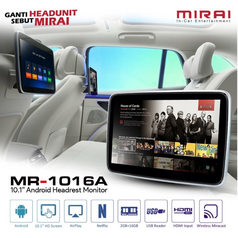 Headrest Monitor 10.1 Inch Clip On Android Mirai MR-1016A