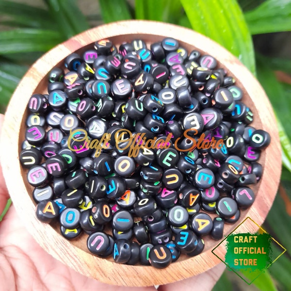 Craft 100 Pcs Manik Huruf Vokal Aiueo Mote Huruf Bulat & Kotak Mute Alfabet
