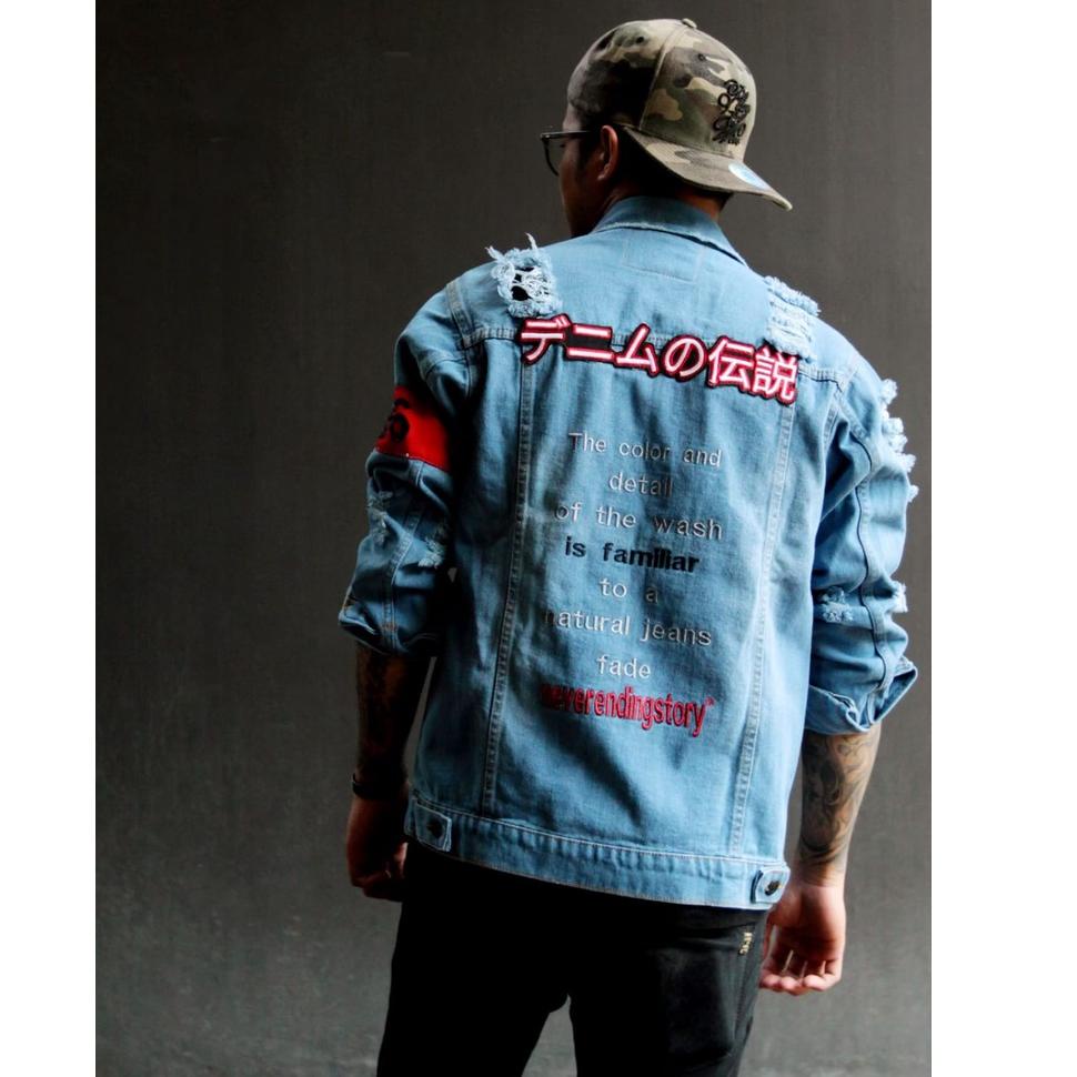  JAKET JEANS DENIM PRIA KEREN BAHAN TEBAL RIPED JAPANES SOBEK SOBEK TULISAN JEPANG ORIGINAL DISTRO K