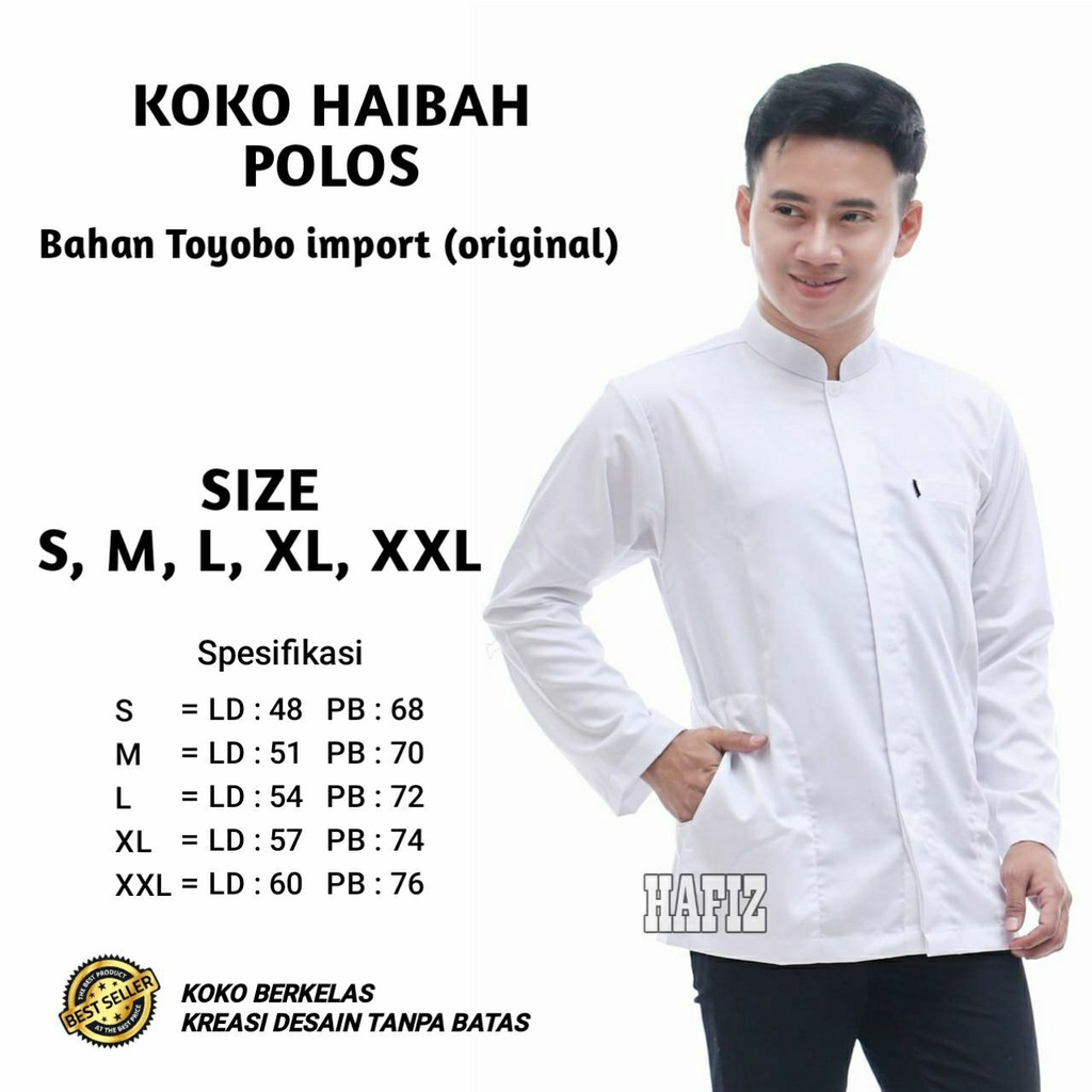 BAJU KOKO PRIA DEWASA LENGAN PANJANG KATUN TOYOBO KEMEJA KOKO HAIBAH PUTIH POLOS SEMI JASKO BUSANA M