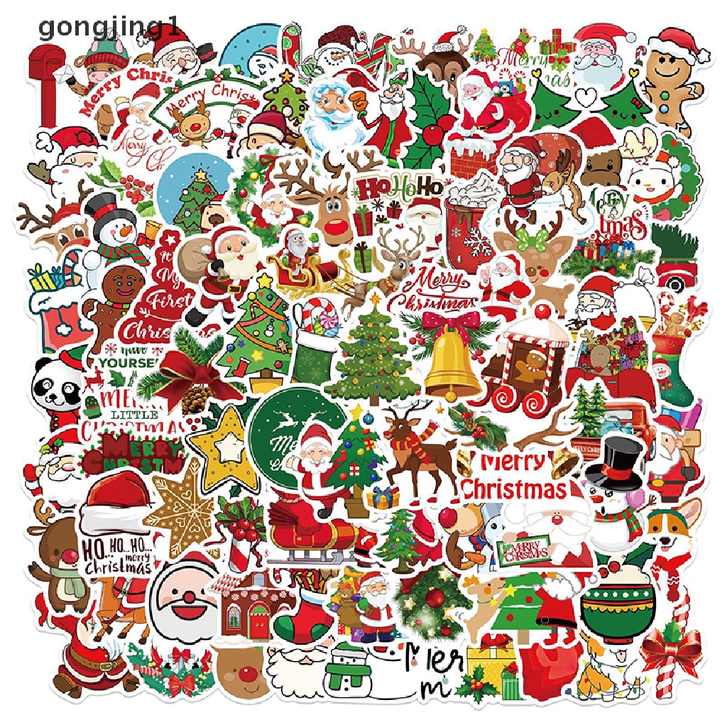 Ggg 100 Pcs /bag Tahun Baru Merry Christmas Stiker Rusa Santa Claus Snowman Anak Hadiah Decal DIY Untuk Skateboard Koper Bagasi Telepon Laptop Gitar ID