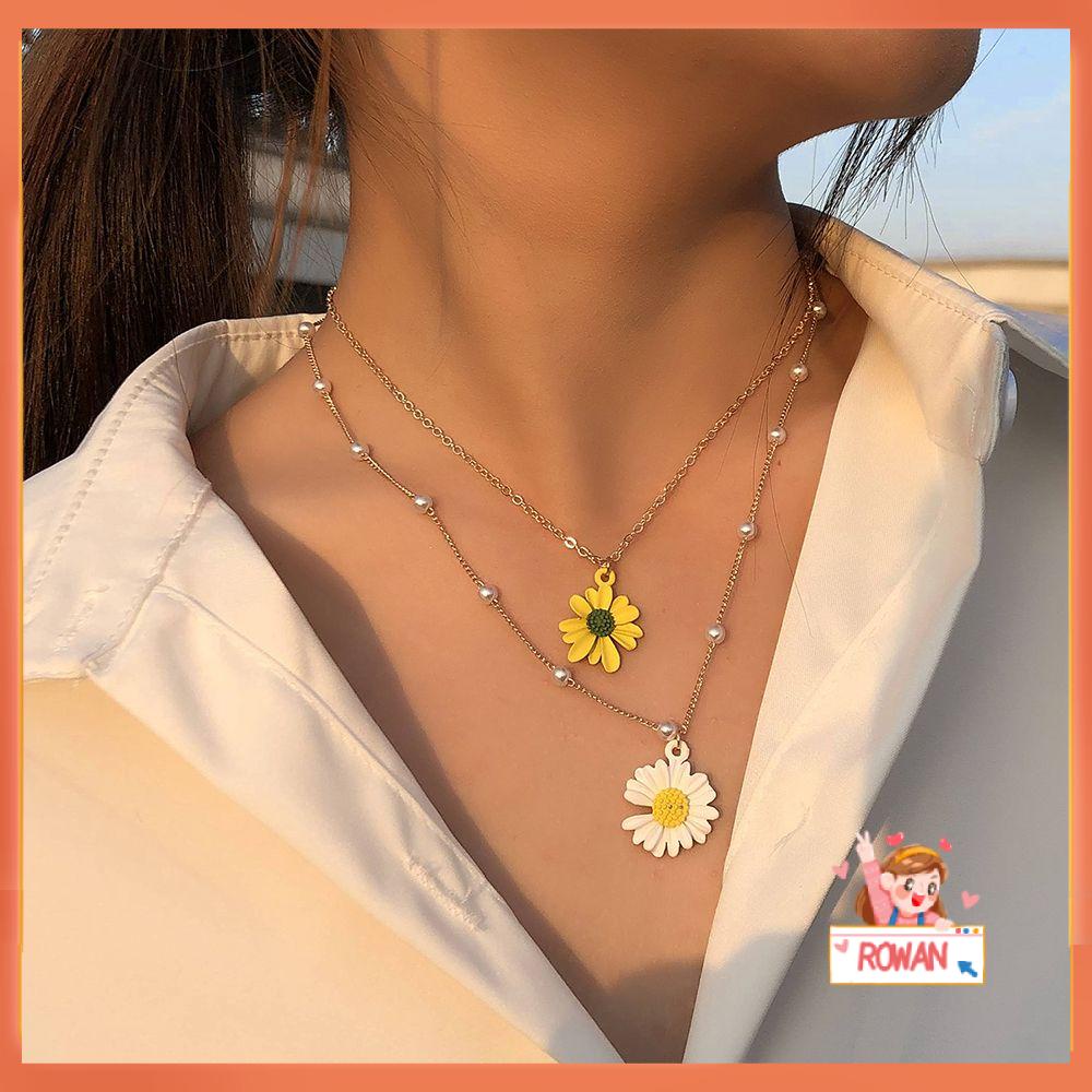 R-flower Daisy Flower Kalung Bohemian Kuning Kerah Putih Jewellery Double Layered