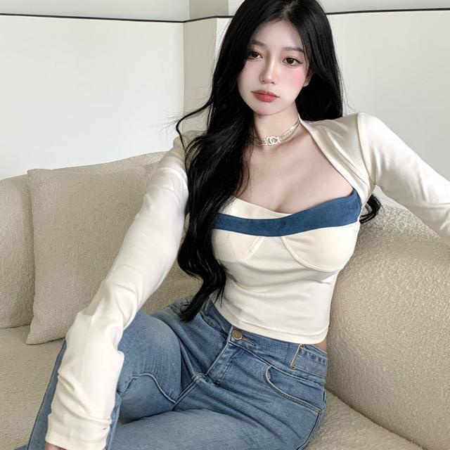 Suhao Warna Kontras Kerah Persegi Sweater T-shirt Wanita Setelan Jas Pendek Ketat Tube Top Kemeja Putih Atasan Lengan Panjang