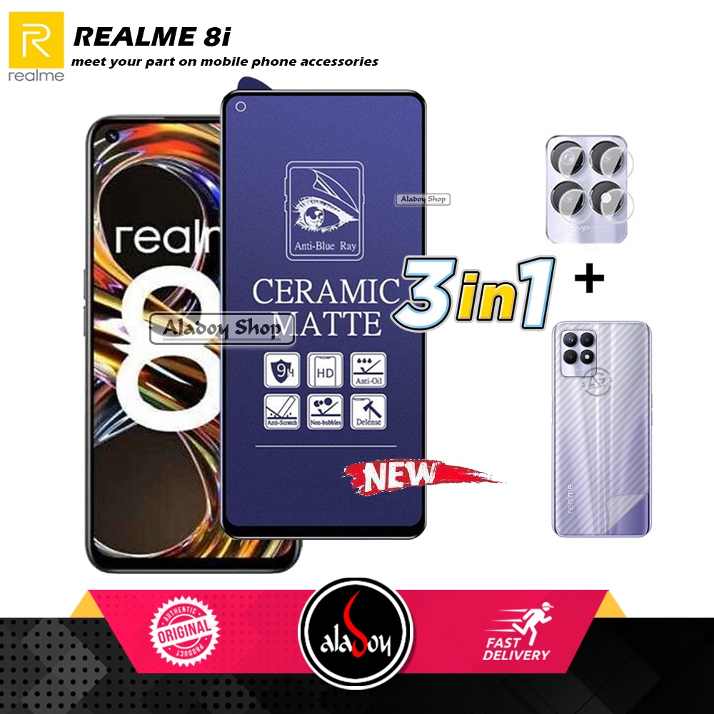 PAKET 3IN1 Anti Gores Blue Matte Anti Glare Realme 8i + Tempered Glass Camera dan Skin Carbon