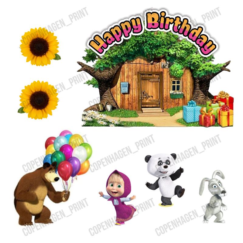 Topper Kertas MASHA & THE BEAR Kue Ulang Tahun / Birthday Cake / hiasan kue/ tusuk kue | bebas custo