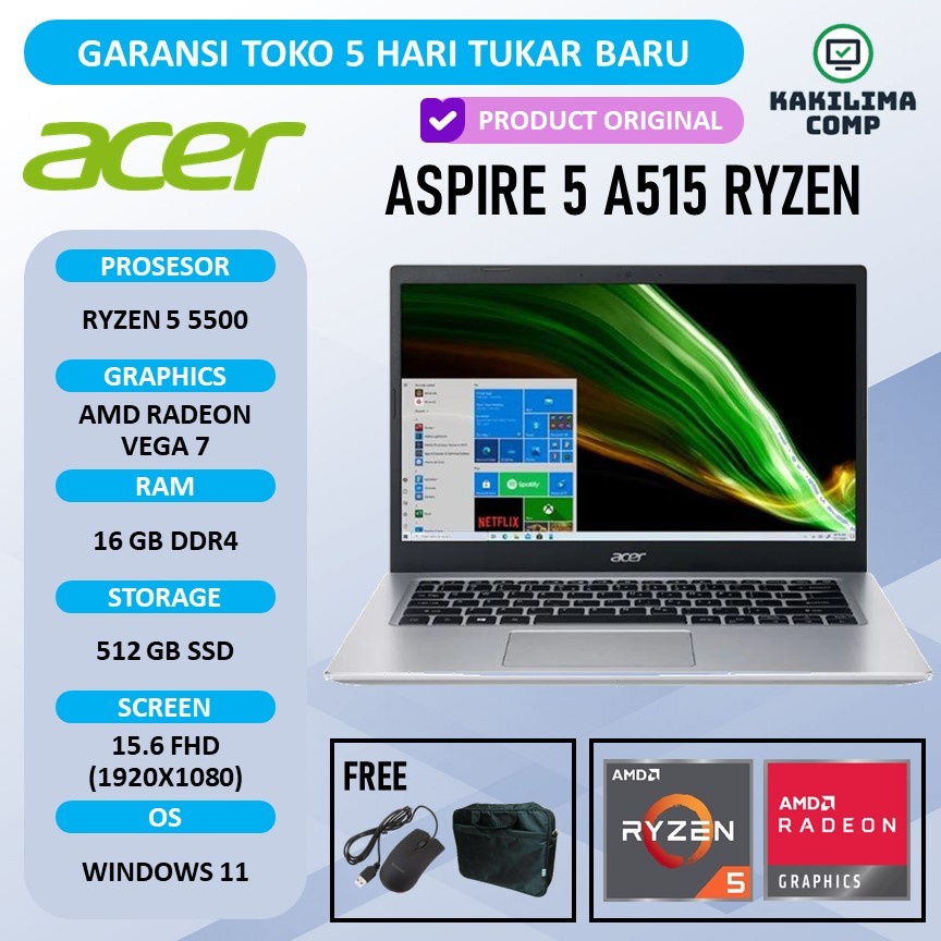 Laptop Acer Aspire 5 Ryzen 5 Ram 16GB SSD 512GB Windows 11 Finger Print