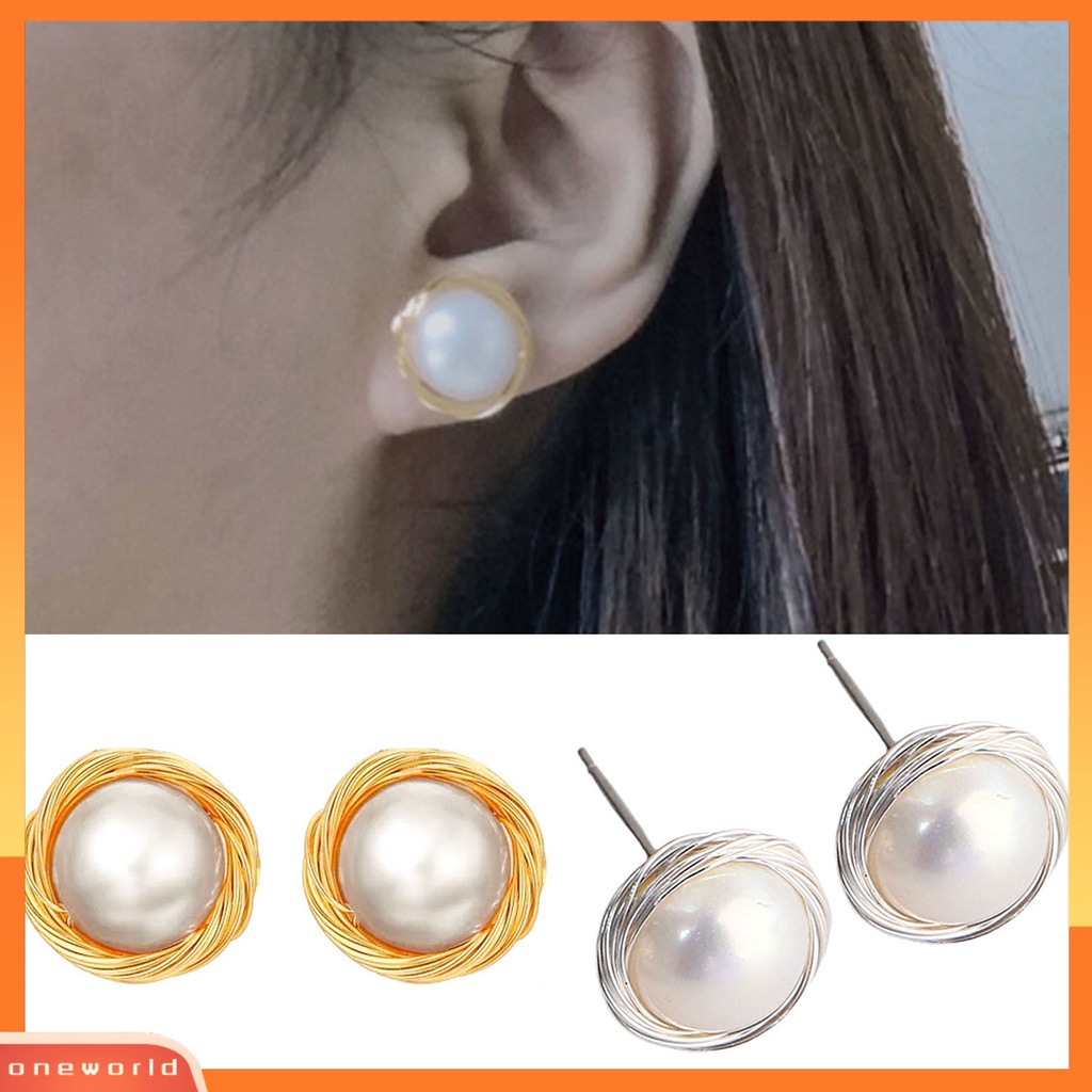 [WONE] 1pasang Anting Tusuk Lilitan Wanita Manis Mutiara Imitasi925Silver DIY Untuk Outdoor