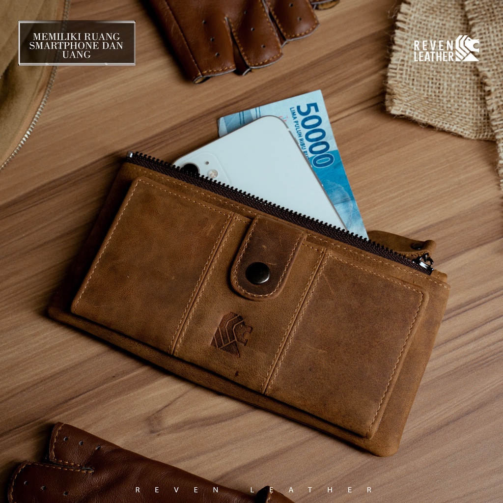 Dompet Panjang Pria Kulit Sapi Asli 100% BILFOLD WALLET Fashion Cowok Original Muat HP Android dan Uang Tunai Slot Kartu Banyak by Crown Leather CrownLeather Store