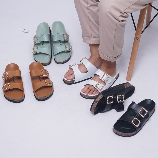 LAPEPA YUK - Dunkenstock KIMMY Sandal Wanita Slop Casual Size 36 - 40 Model Birken Dunkenstok Sol Puyuh Sara Sara Sendal Cewek Kulit Santai Strap Gesper dua Kristal Blink 37 38 39 Warna Coklat Brown Selop Anti Slip Original Shoes ORI Mall Official Store