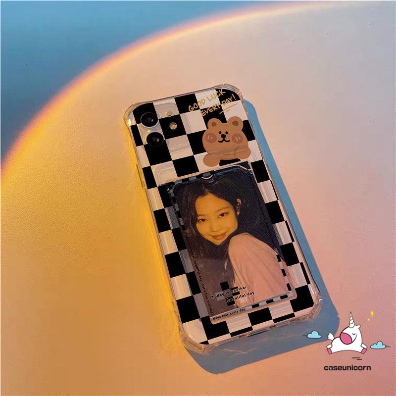 Realme C35 C31 C30 C21Y 5 6i 5i 5s 10 Pro 5G C3 C11 C25 C12 9i C25s C25Y C20 C20A Kartun Lucu Beruang Checkerboard Anti Jatuh Holder Kartu Transparan Lembut Tpu Dompet Slot Case