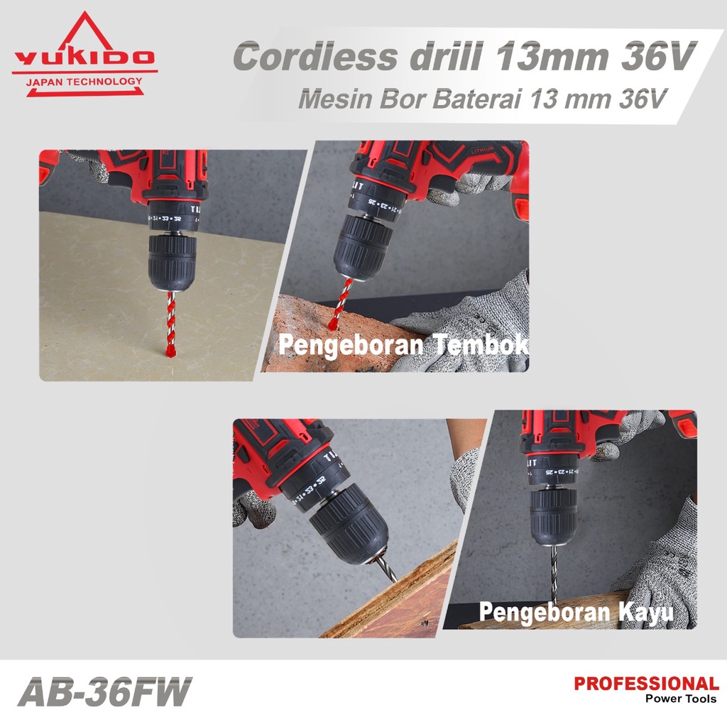 NEW Mesin Bor Cordless Drill 12volt 36V Bor Tangan Tanpa Kabel Mesin bor 2 baterai cas murah bor impact cordless besi tembok Beton kayu 13MM