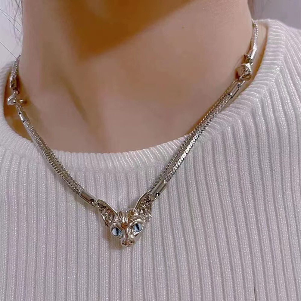 Y2k Wanita Korea ins Elegan Kepala Kucing Liontin Double layer Klavikula Rantai Choker Ringan Mewah Kalung Perhiasan