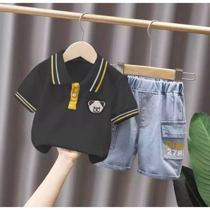 PAKAIAN ANAK LAKI-LAKI DAN PEREMPUAN USIA 1-5 TAHUN  NEW FASHION TERLARIS HARGA GROSIR MOTIF POLO PANDA 278 SETELAN PENDEK DENIM KAOS POLO TRANDY  2022