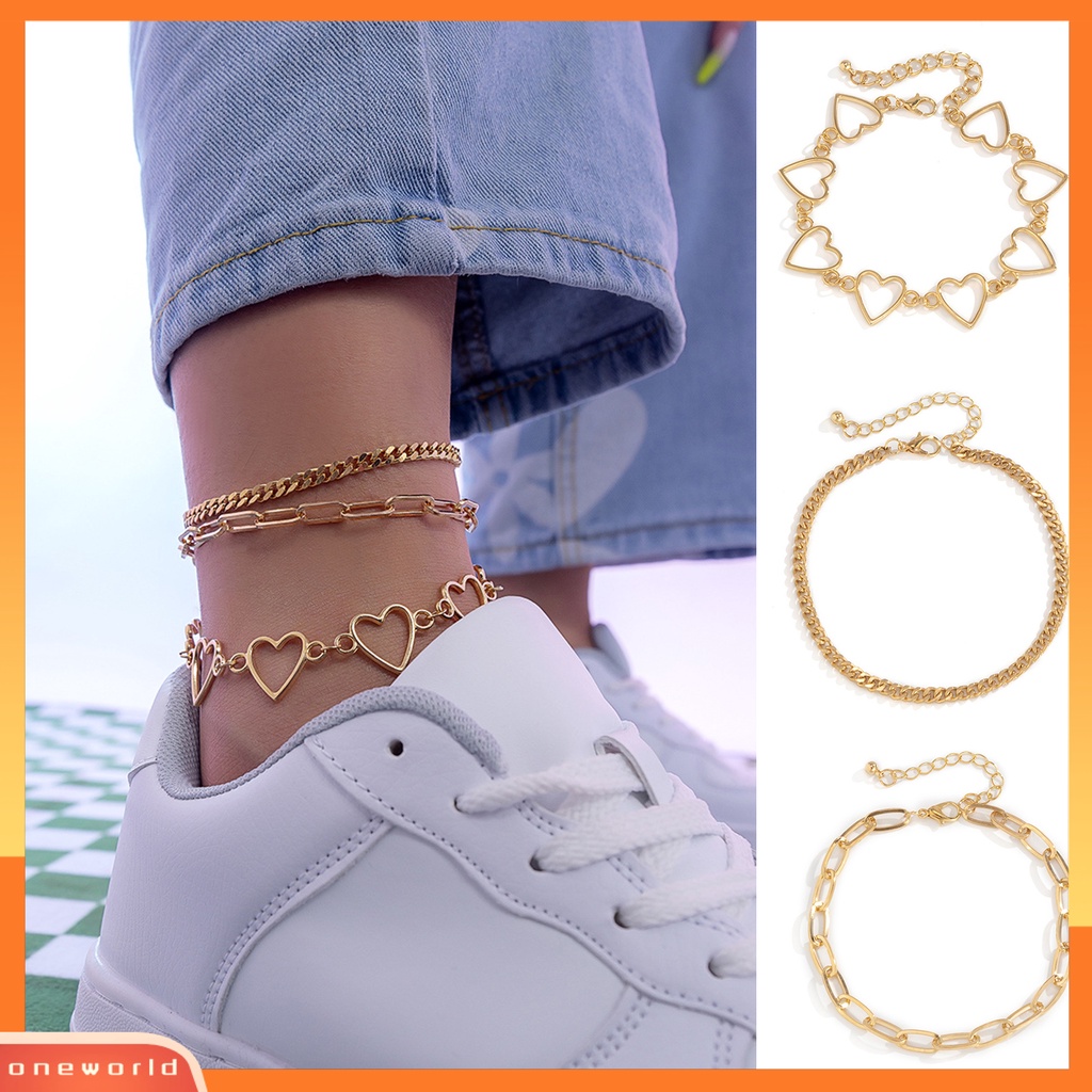 [WONE] 3pcs Wanita Gelang Kaki Multilayer Jantung Paduan Hip Hop Cut-out Foot Bracelets Pakaian Pantai